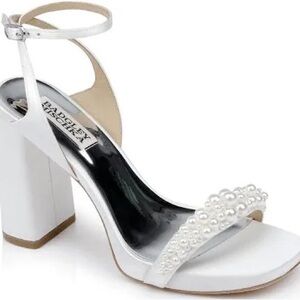 Badgley Mischka Calida Satin Block Heels with Pearled Vamp